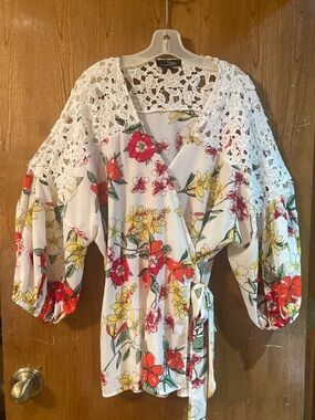 Suzanne Betro White Floral Lace-Trim Wrap Blouse with Red & Yellow Blooms